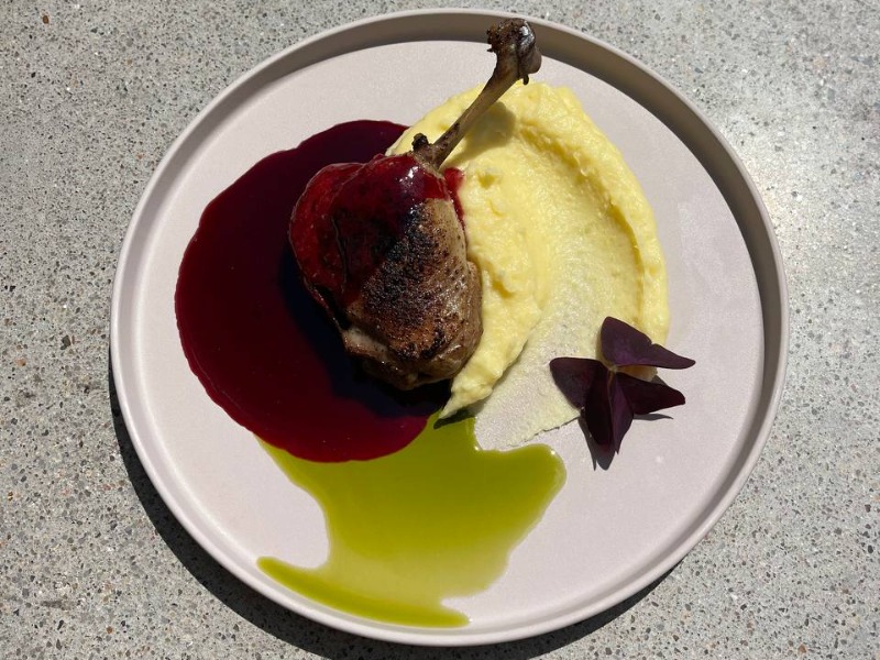 Качина ніжка конфі з картопляним пюре та соусом з червоної смородини